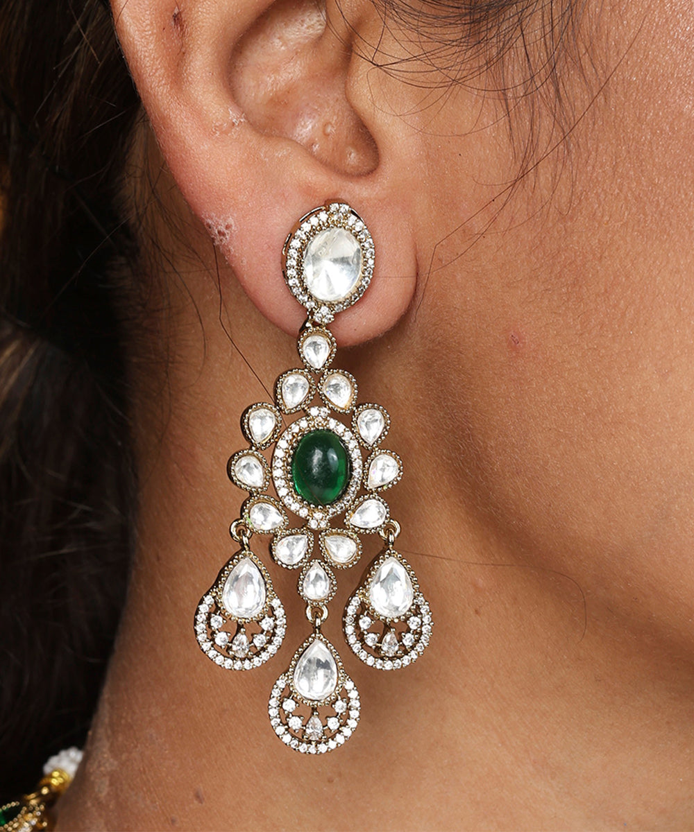 Two Layer Necklace Set with Green Stones and American Stones Earrings and Maang Tikka