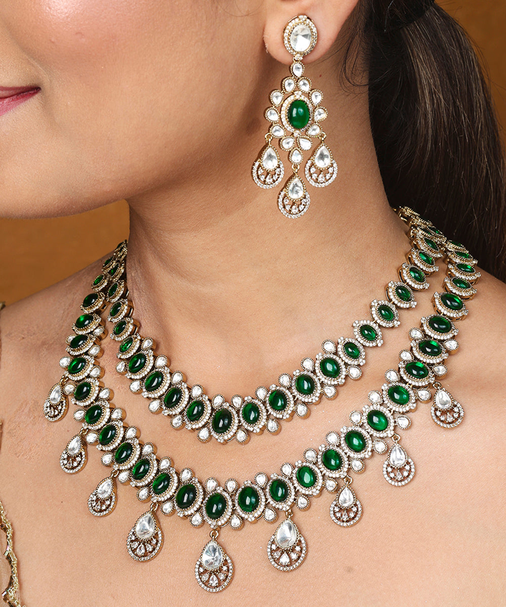 Two Layer Necklace Set with Green Stones and American Stones Earrings and Maang Tikka