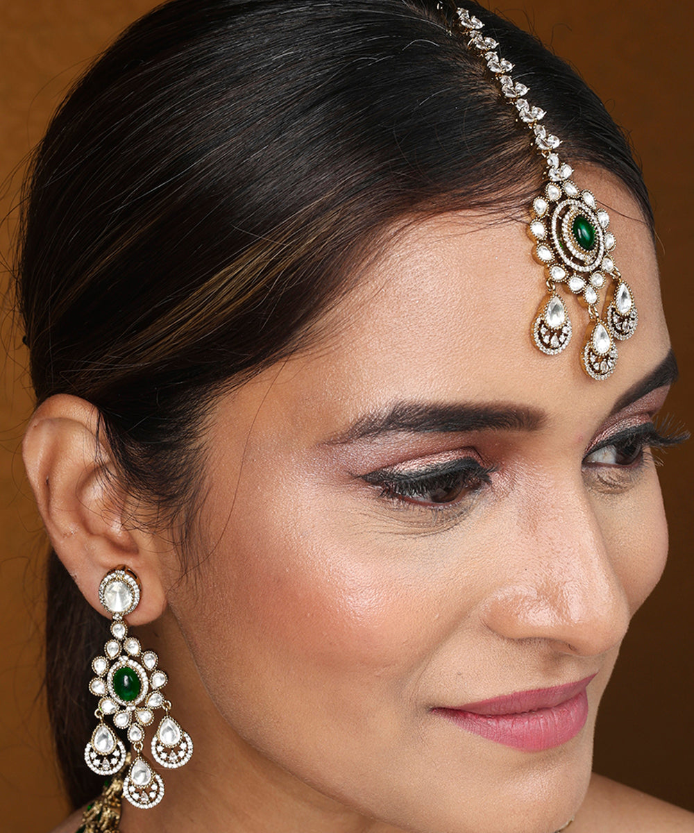 Two Layer Necklace Set with Green Stones and American Stones Earrings and Maang Tikka