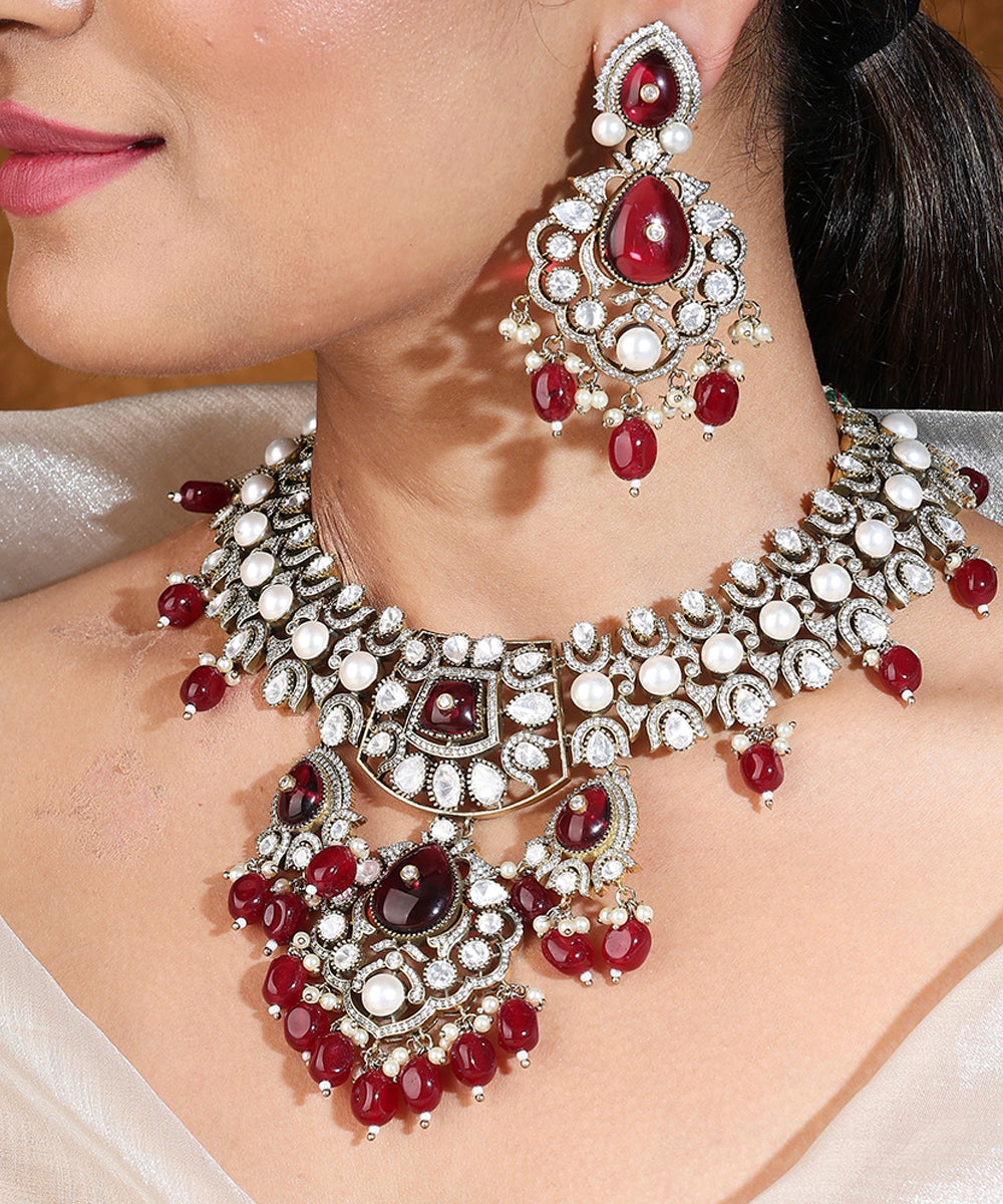Bridal Ruby Stone Choker Necklace with Earrings