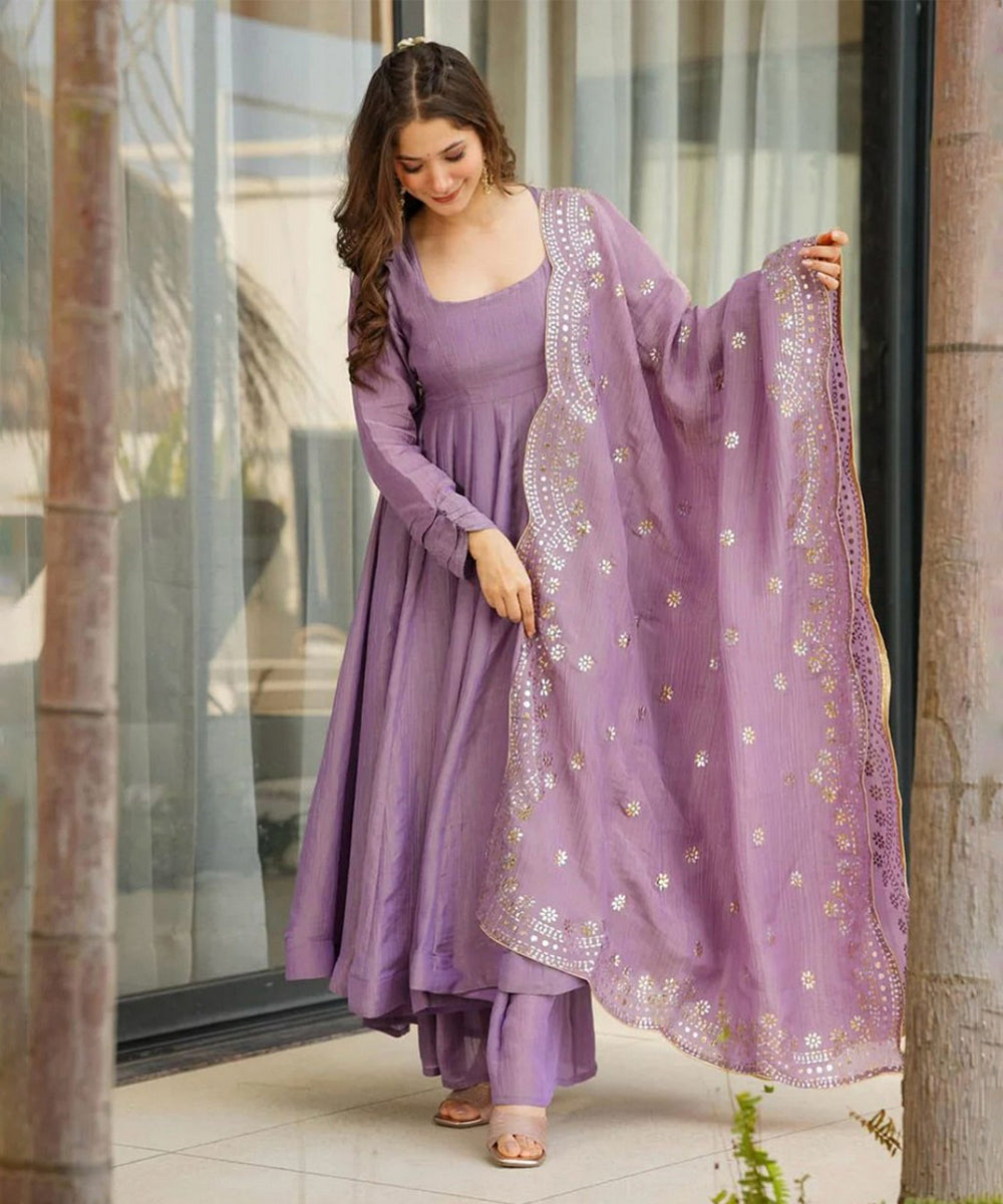 Anarkali Lavender Art Silk with Bottom and Dupatta