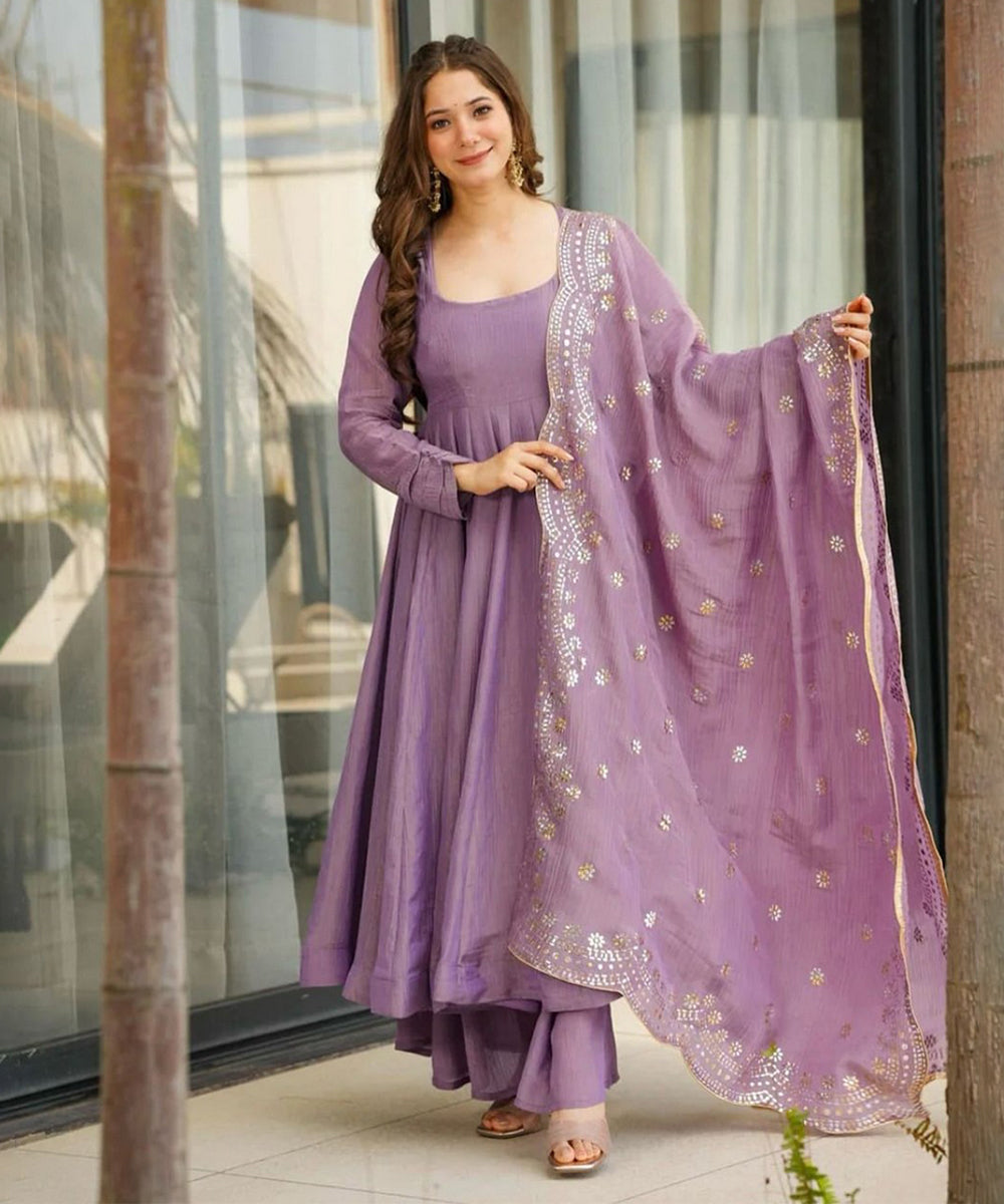 Anarkali Lavender Art Silk with Bottom and Dupatta