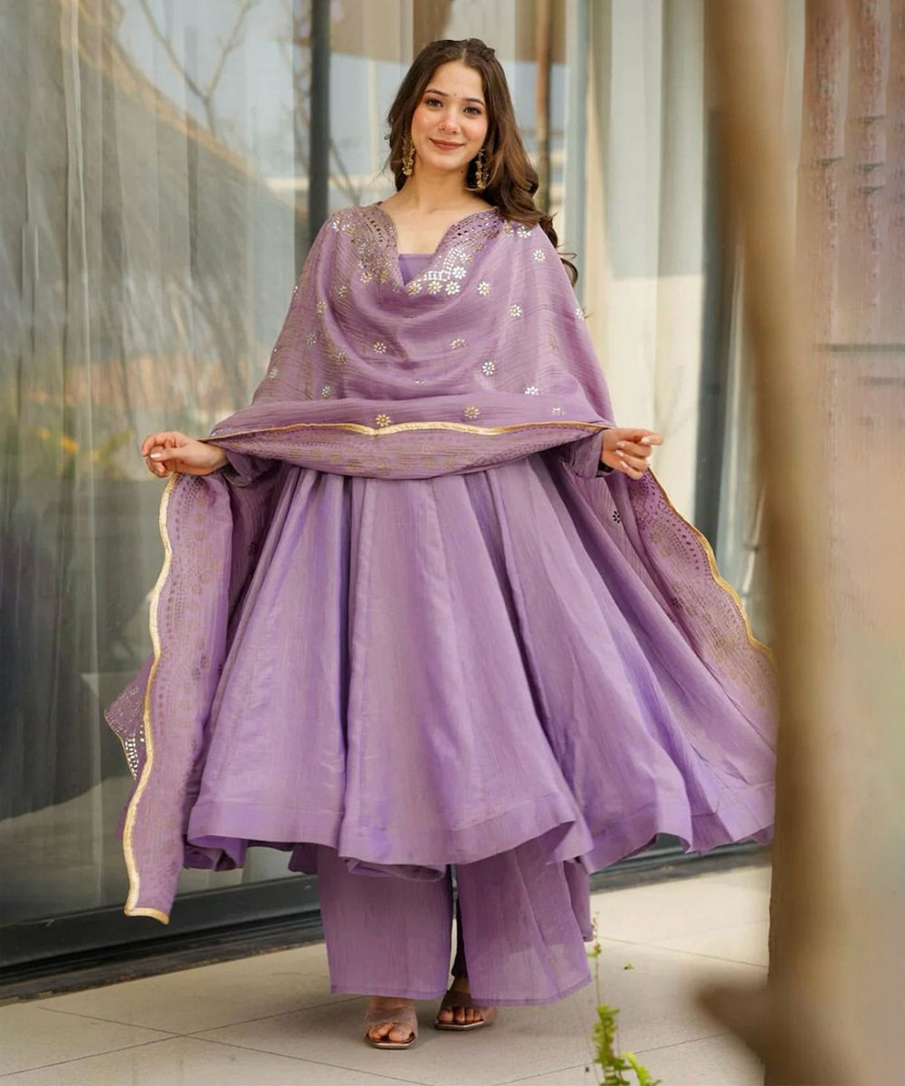 Anarkali Lavender Art Silk with Bottom and Dupatta