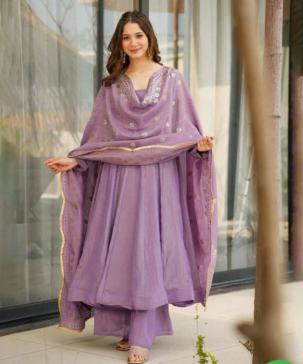 Anarkali Lavender Art Silk with Bottom and Dupatta