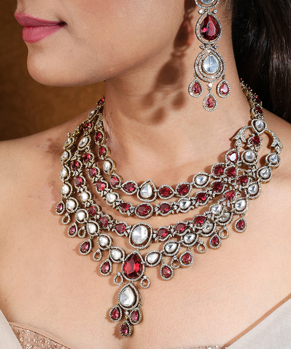 Bridal Ruby Stone Layer Necklace Set with Earrings and Maang Tikka