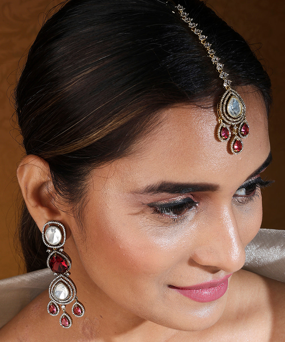 Bridal Ruby Stone Layer Necklace Set with Earrings and Maang Tikka