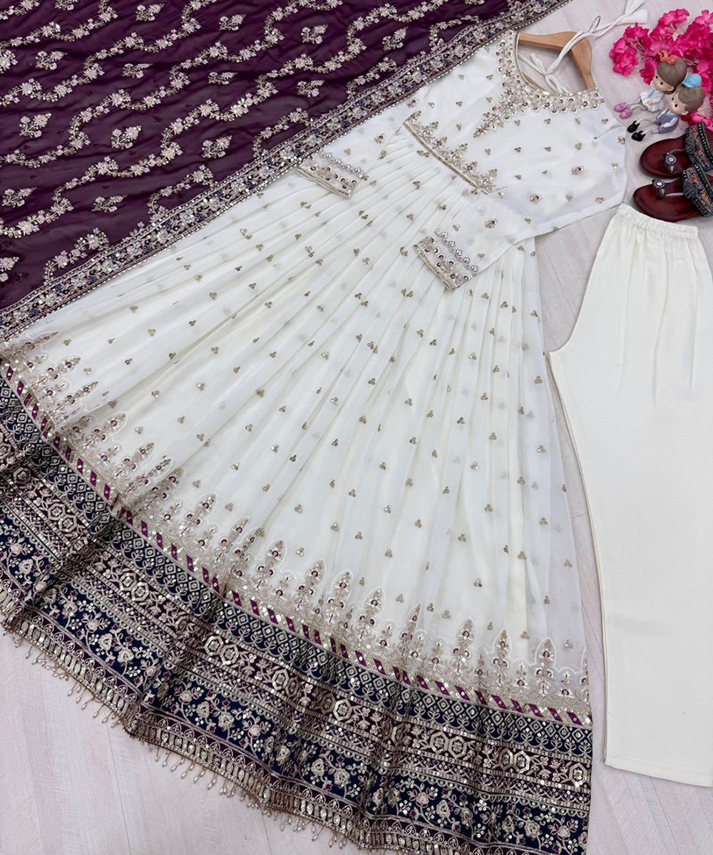 Anarkali White Georgette with Bottom and Dupatta