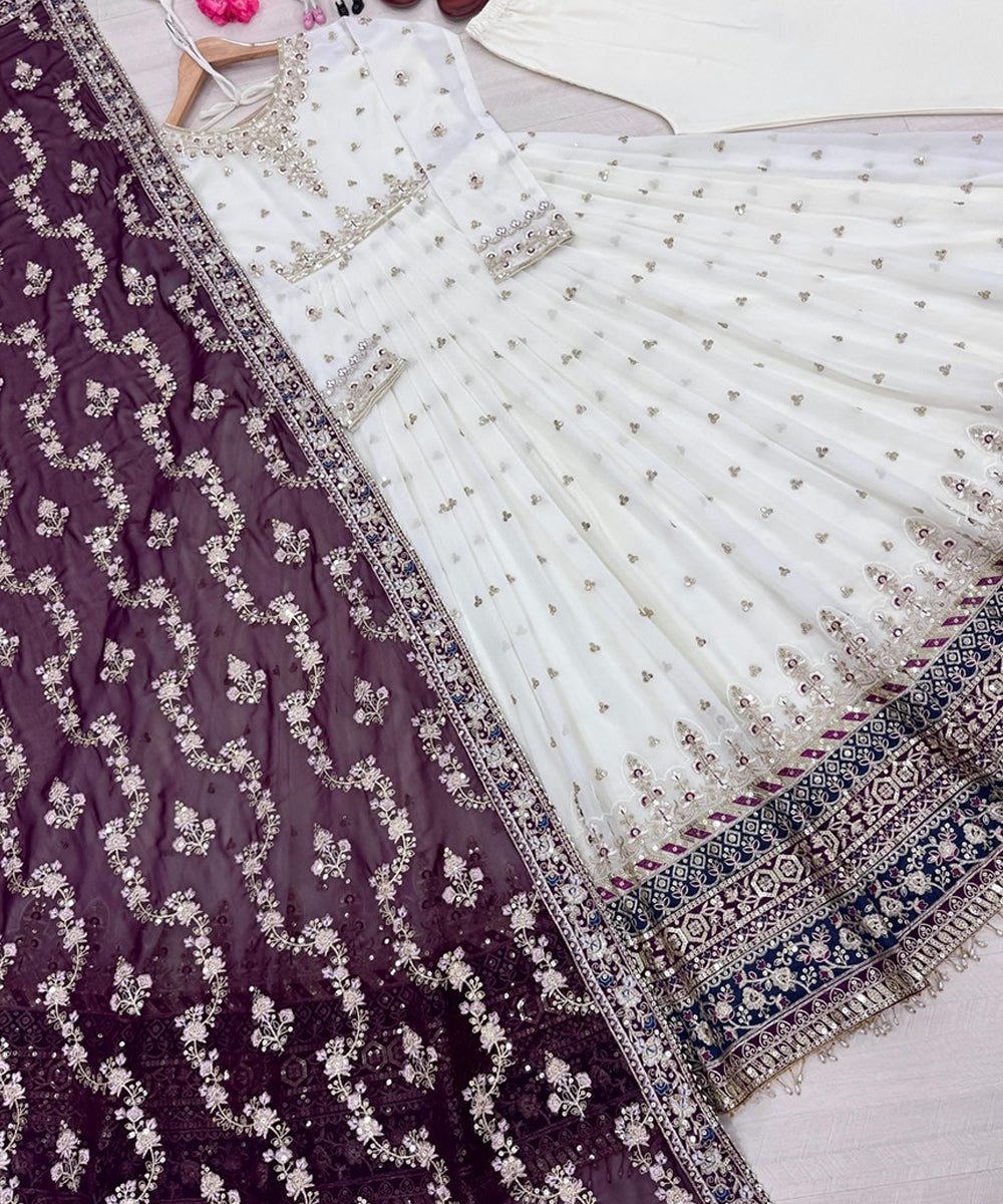 Anarkali White Georgette with Bottom and Dupatta
