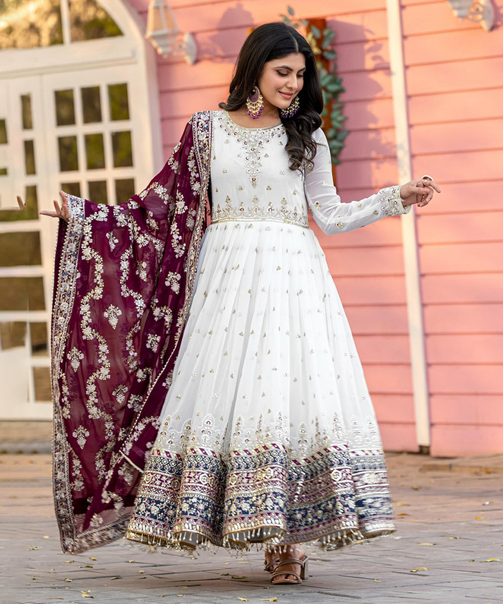 Anarkali White Georgette with Bottom and Dupatta