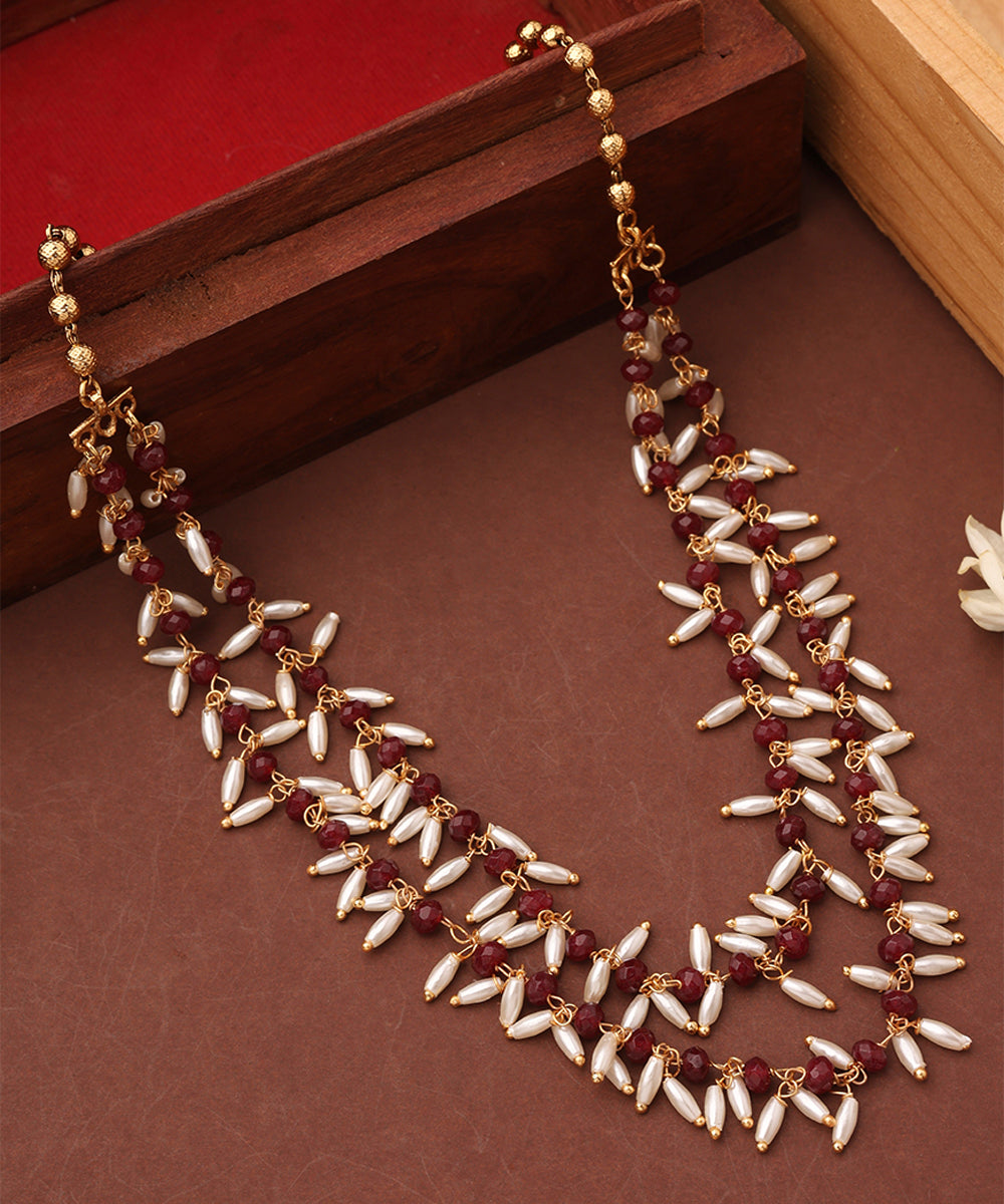 Rice Pearl Necklace with Red Beads