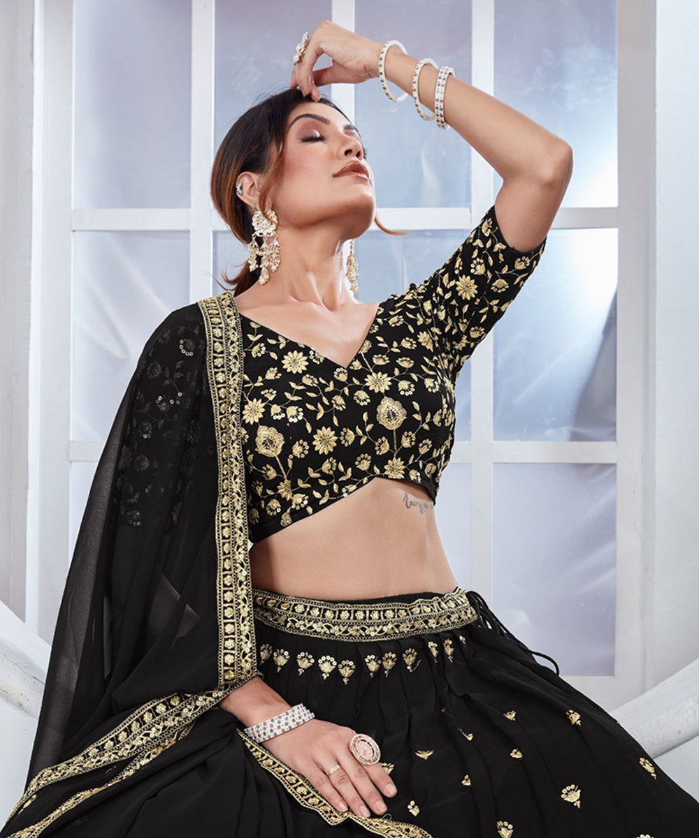 Lehenga Choli Black Thread Sequins Embroidered Georgette with Dupatta Unstitched