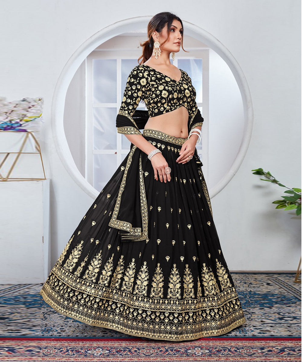 Lehenga Choli Black Thread Sequins Embroidered Georgette with Dupatta Unstitched