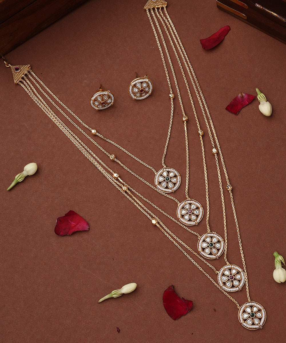 Five Layer Necklace Set with Round Pendants and Multicolour Stones