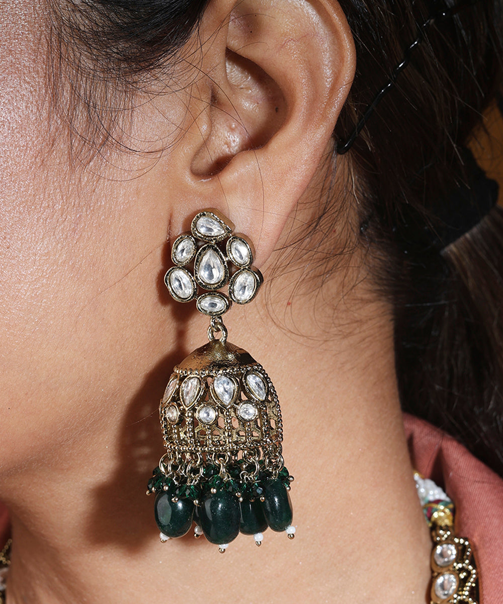 Hasli Style Statement Necklace with Kundan Stones and Green Drops