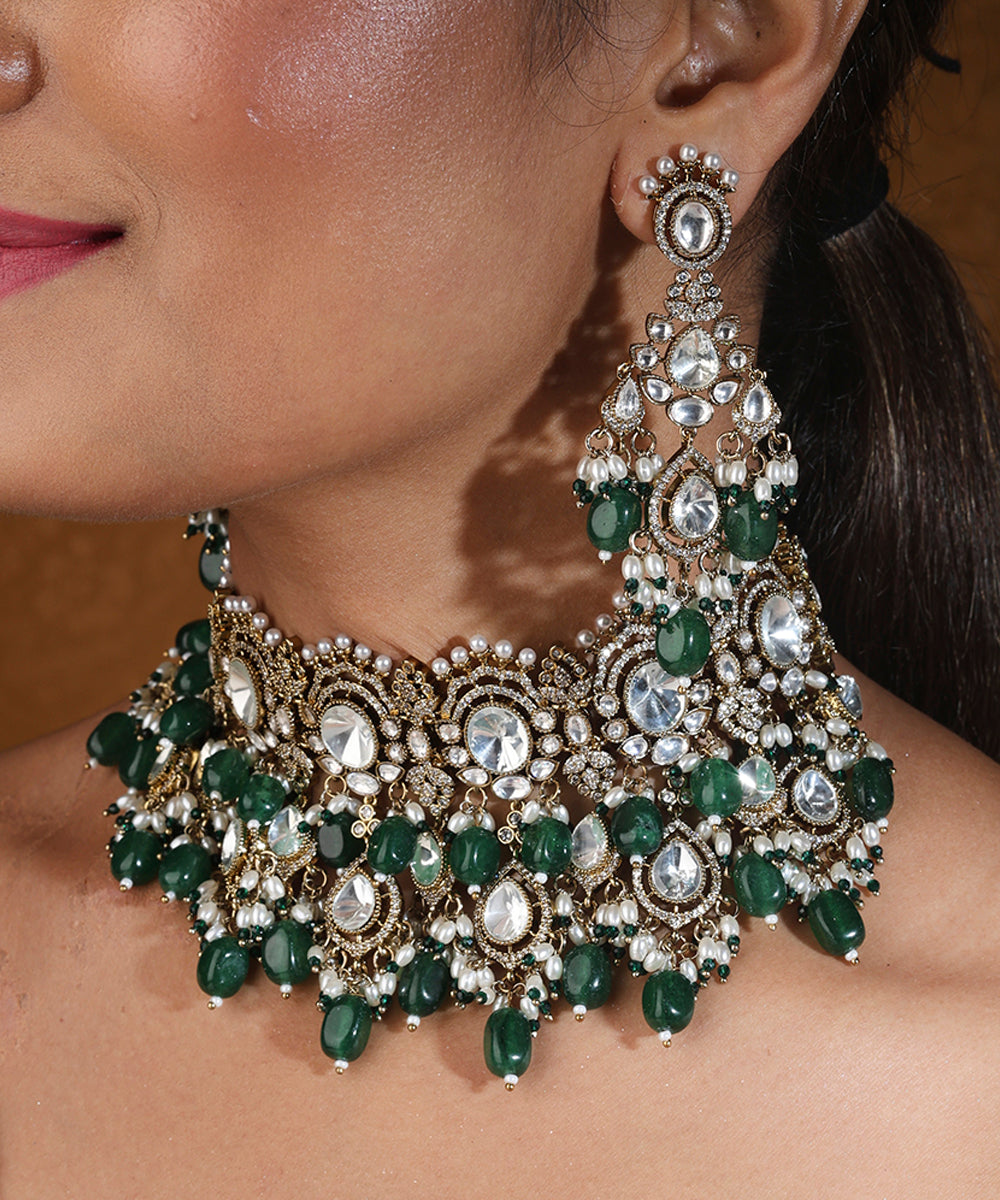 Bridal Choker Necklace with Kundan Stones and Green Drops