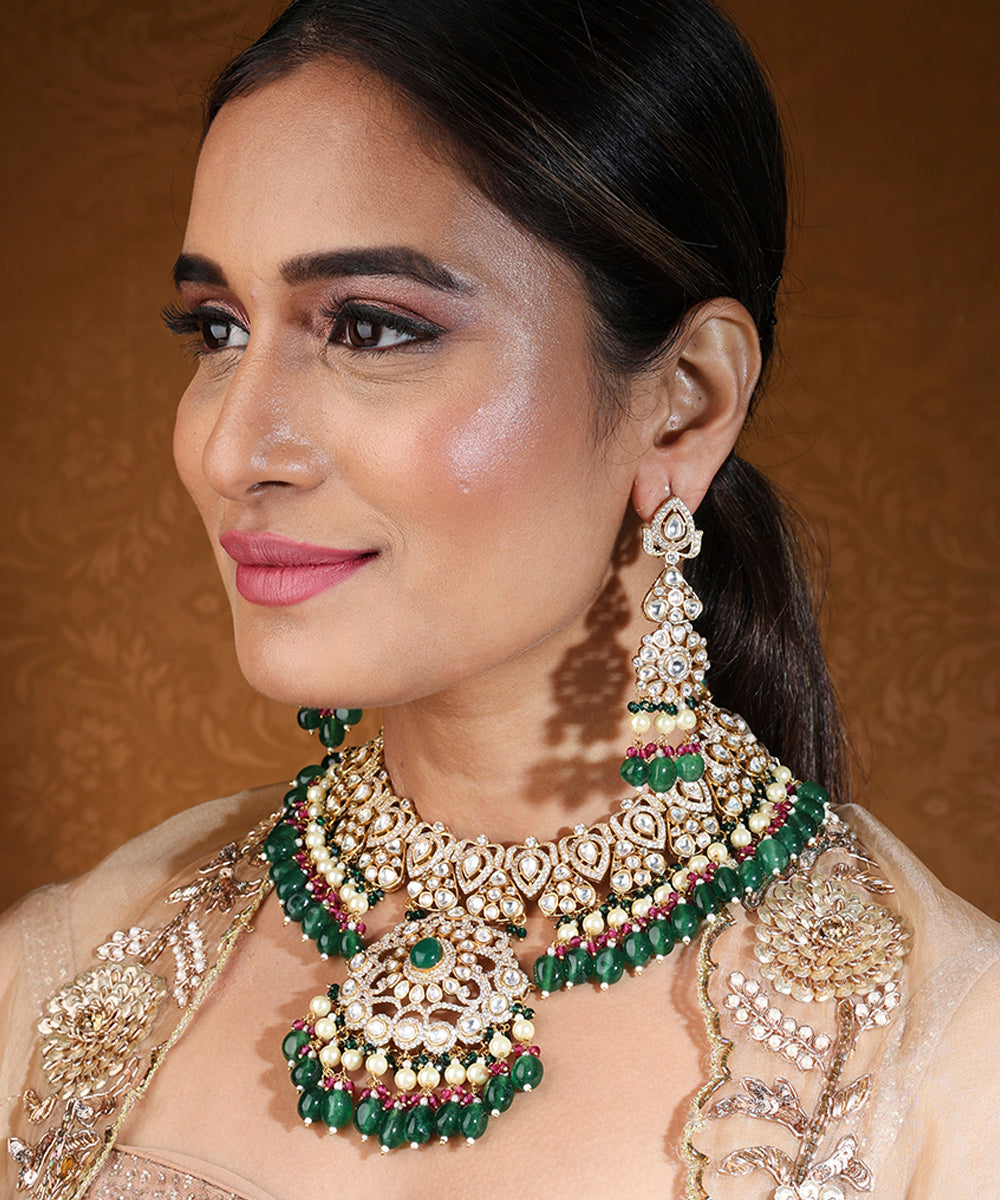 Bridal Choker with Kundan and American Stones Featuring Green Drops