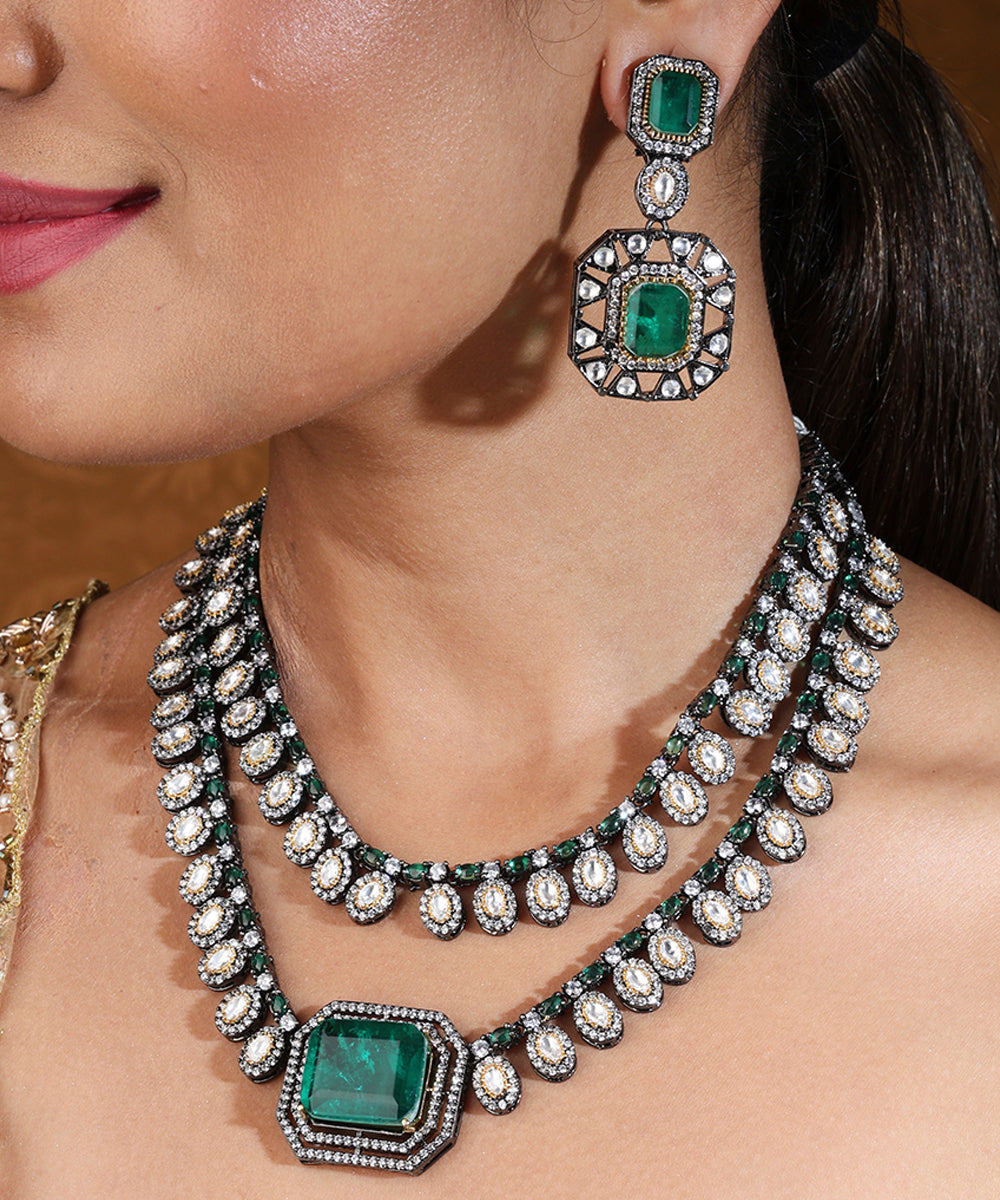 Two Layer Necklace with Green Emerald Stone and Square Pendant