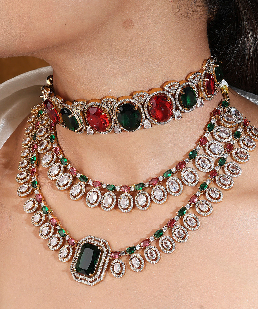 American Stone Choker and Two Layer Necklace Set in Red and Green