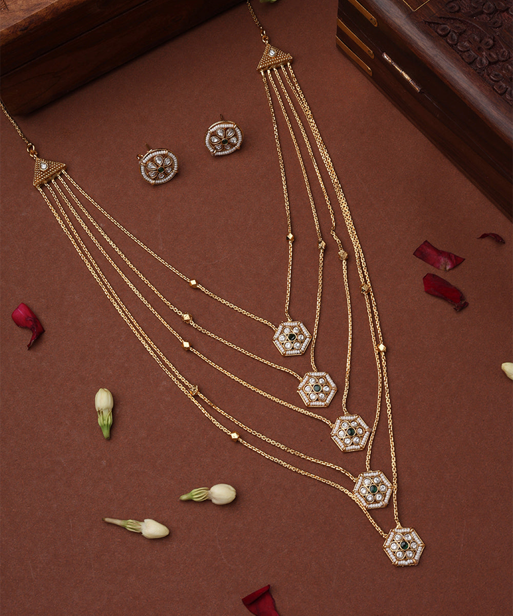 Five Layer Necklace with Green Hexagon Pendants