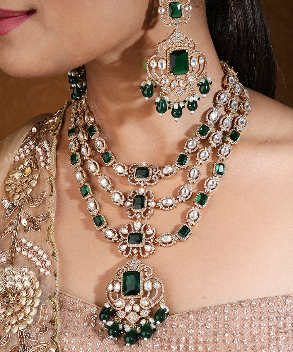 Bridal Layer Necklace with Green Emerald and American Stones