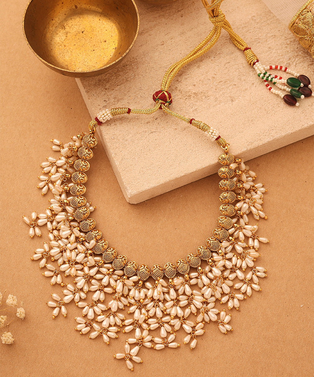 Gold Plated South Indian Style Necklace with Pearl Drops