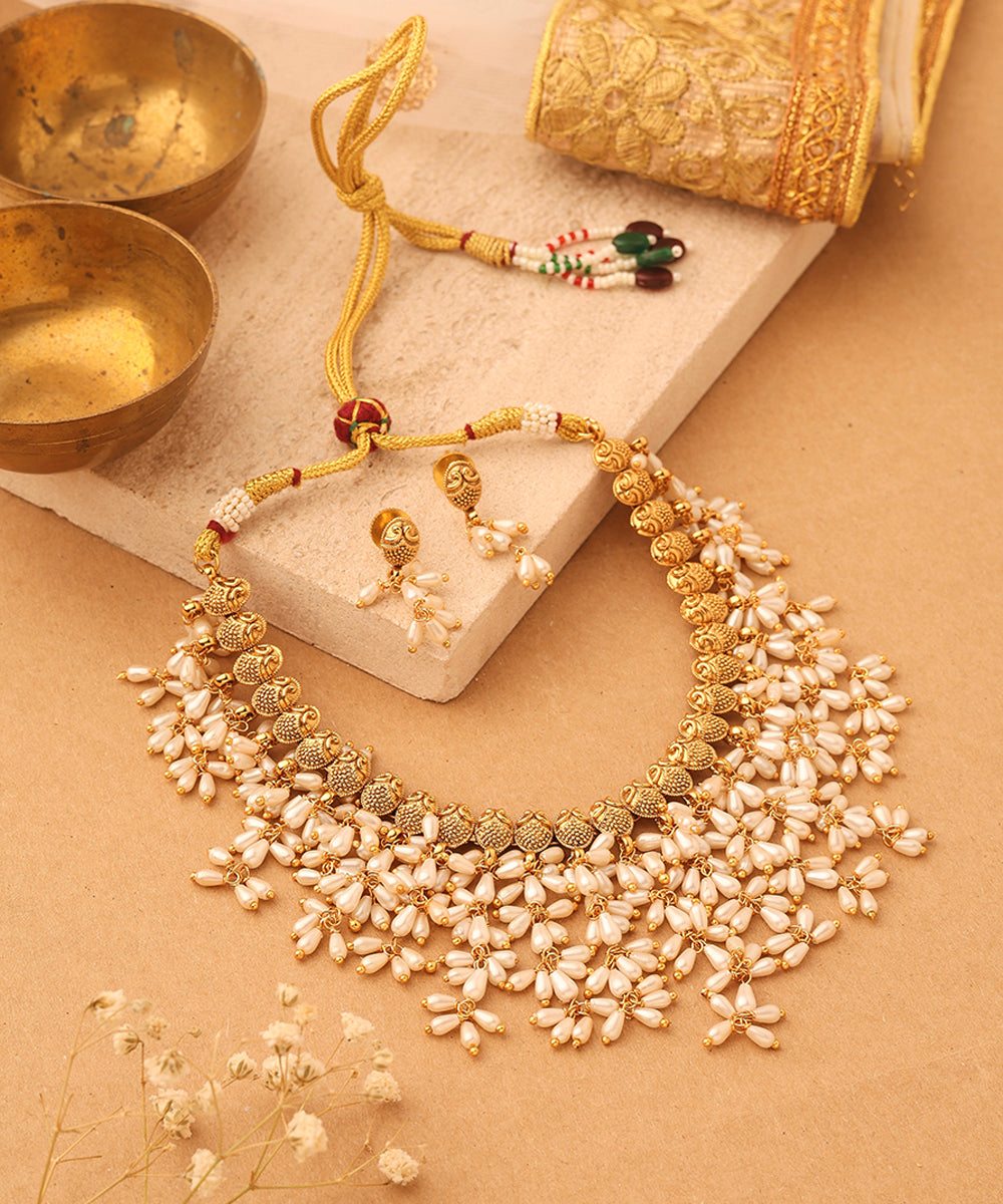 Gold Plated South Indian Style Necklace with Pearl Drops
