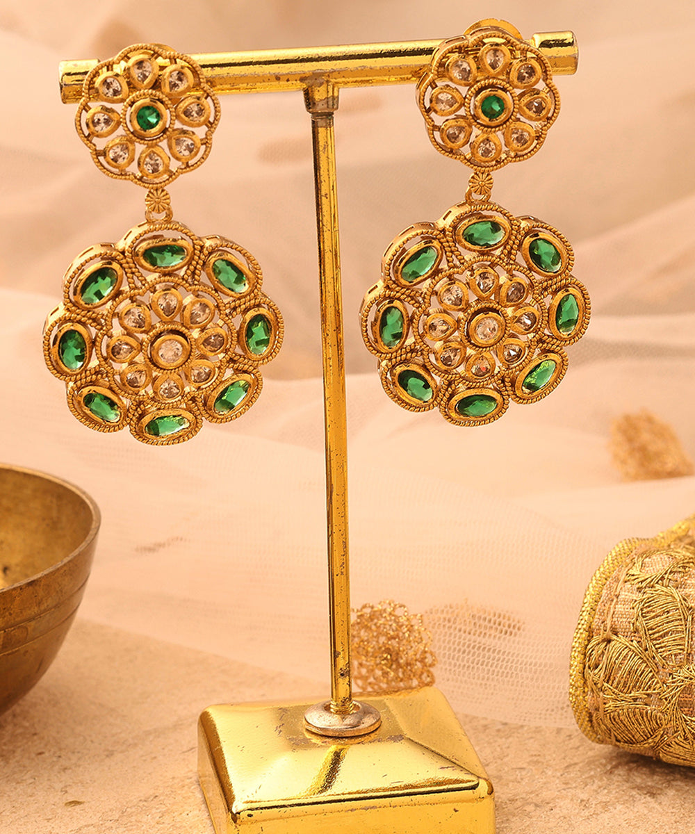 Gold Plated Earrings with Green Stone