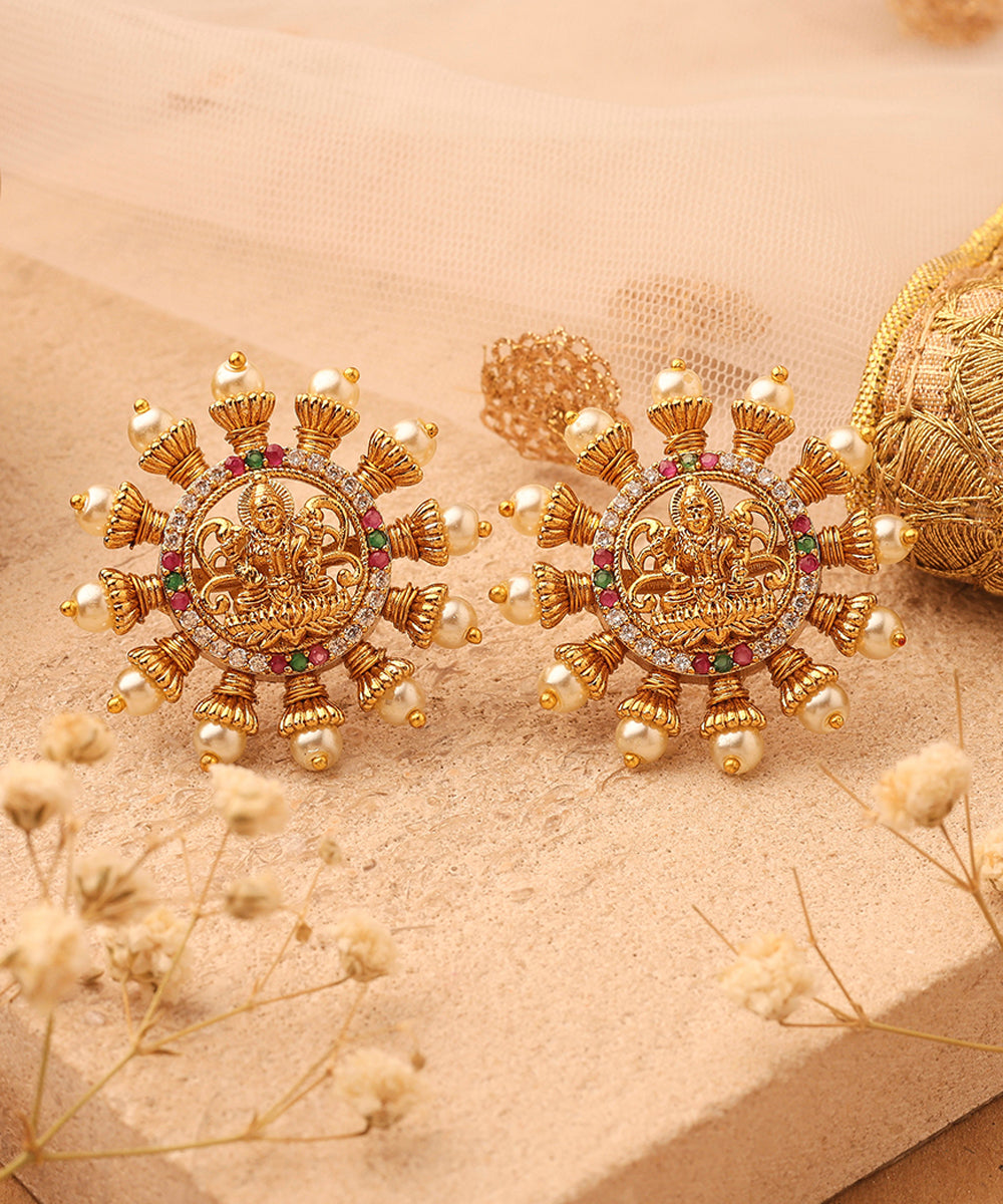 Gold Stud Earrings with Laxmi Motif