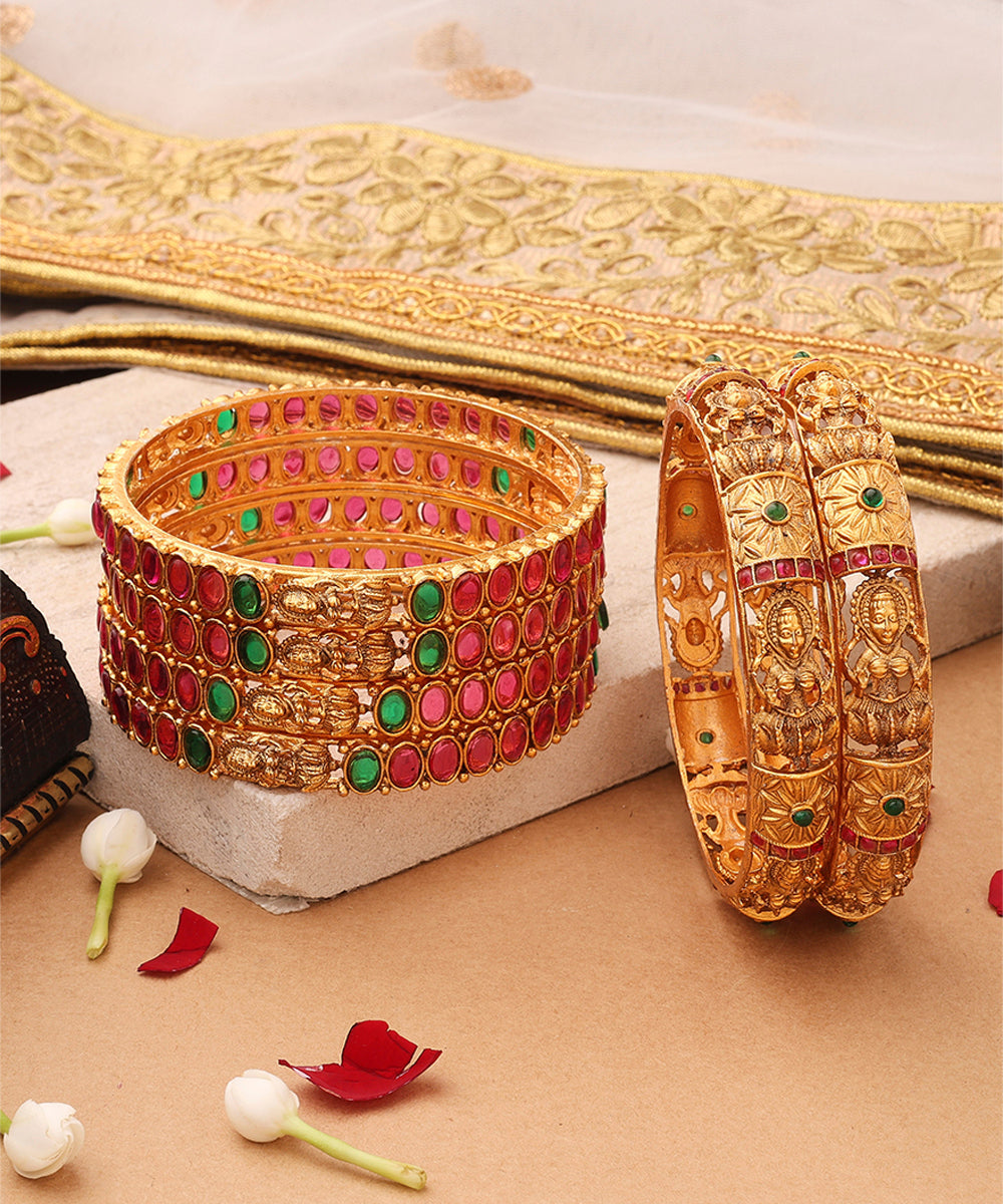 Broad Gold Plated Bangle with Intricate Motif and Gemstone Accents