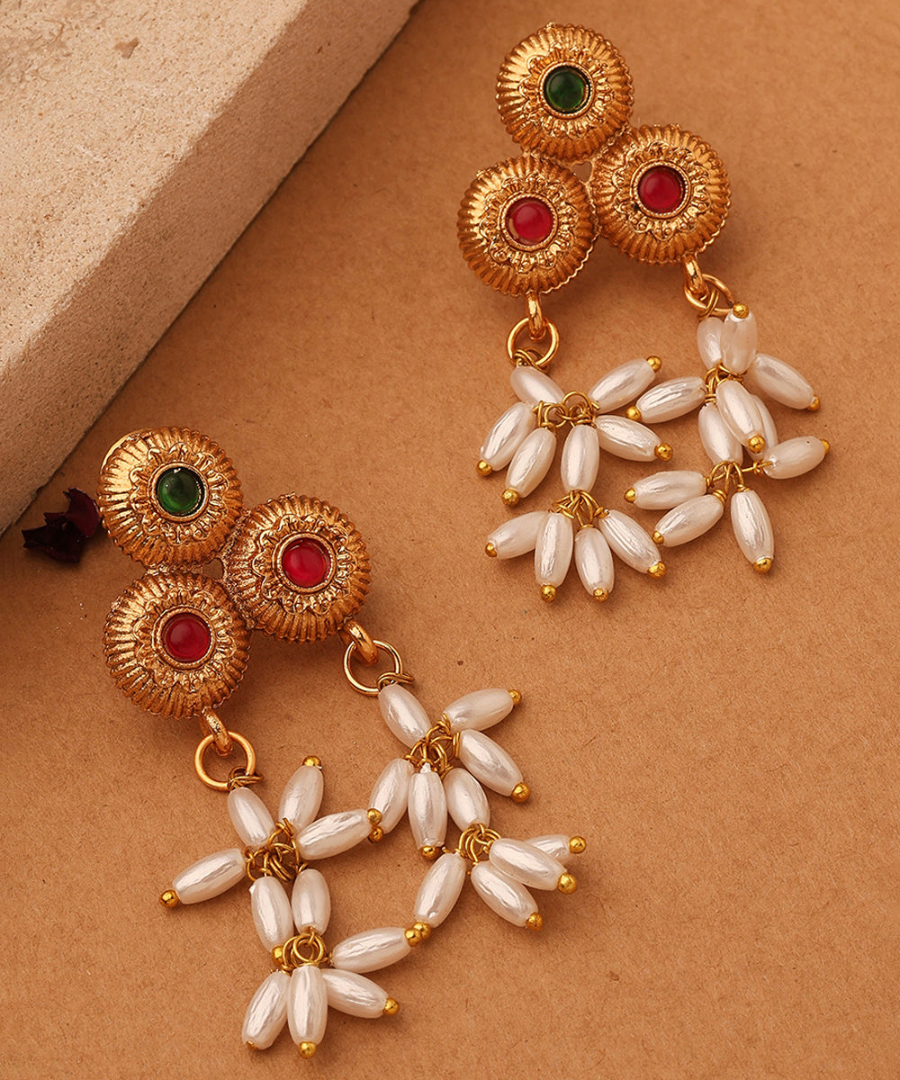 Gold Cup Necklace with Red Stones and White Oval Jhumkis