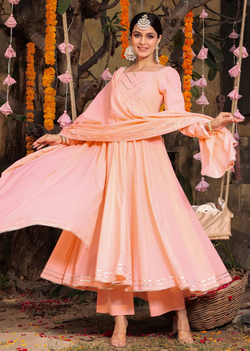 Peach Heavy Gota Work Full Flared Anarkali Set