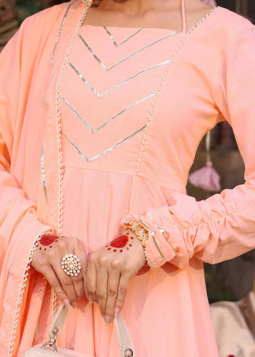 Peach Heavy Gota Work Full Flared Anarkali Set