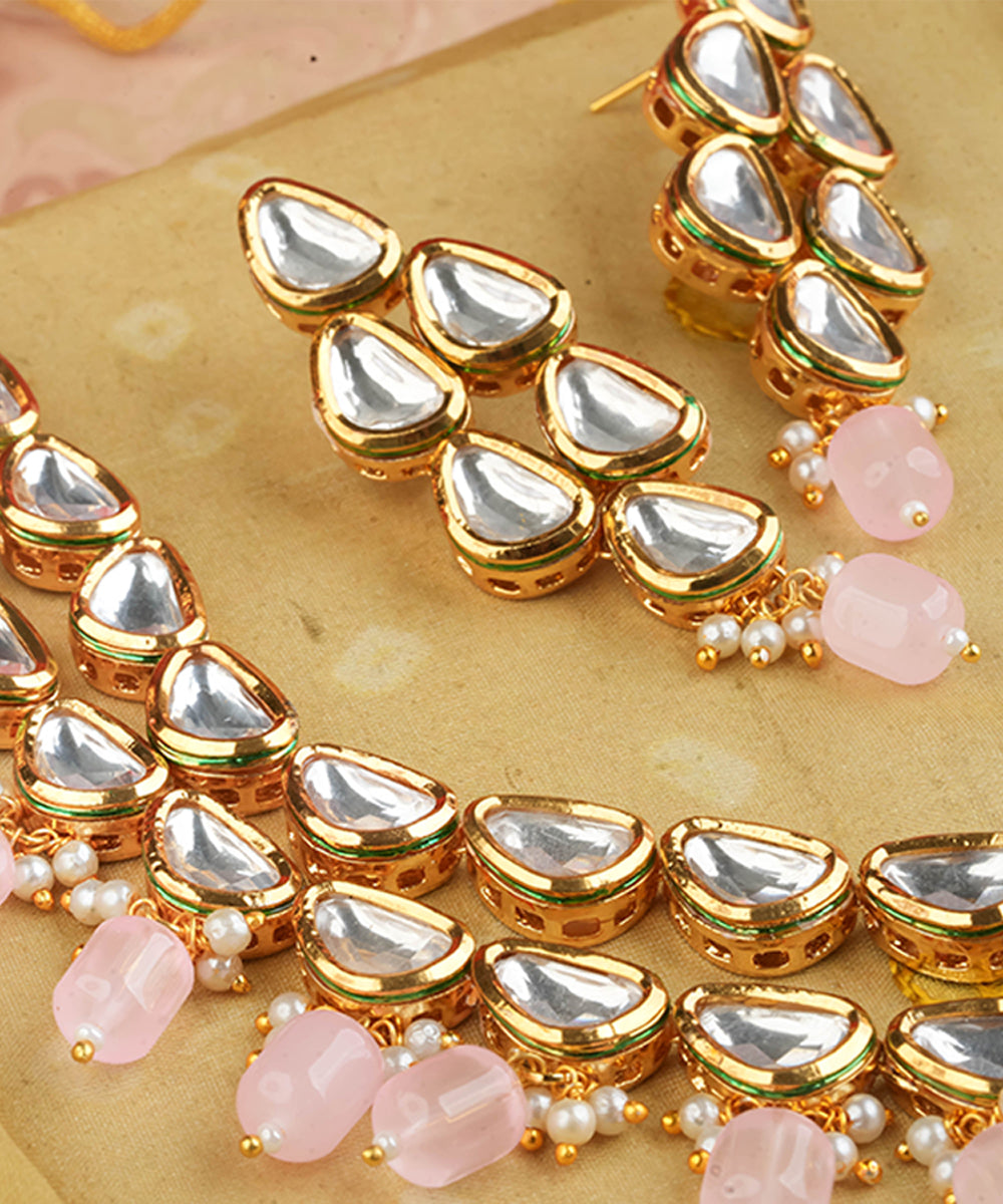 Ethnic Kundan Jewellery Set With Pink Drops