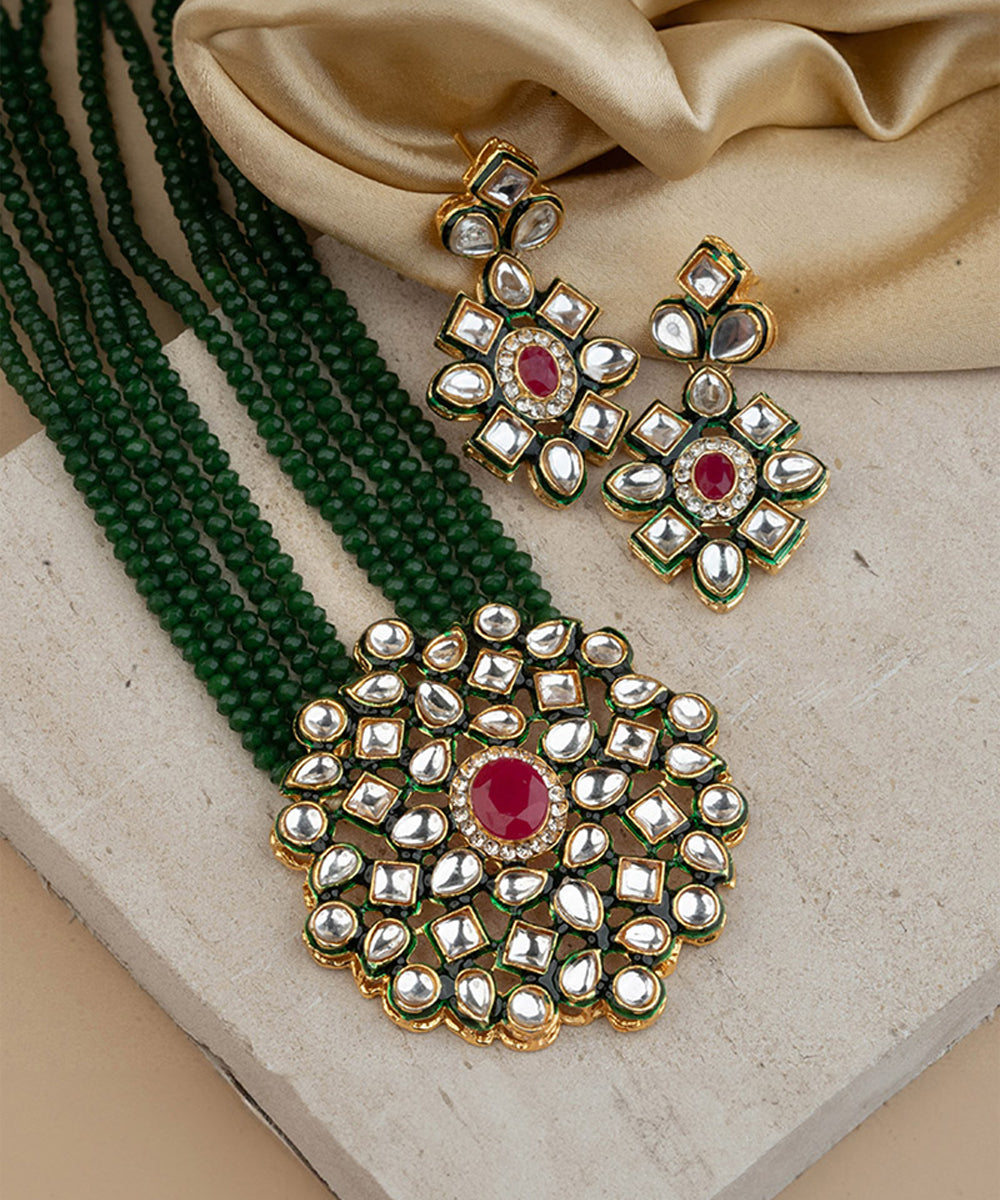 Yellow Gold-Plated White Kundan & Green Beaded Necklace Set