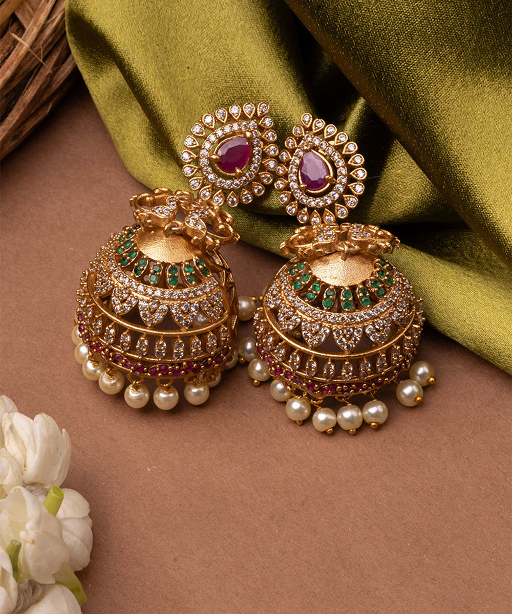 American Diamond Gold Plated Multicolor Traditional Jhumka