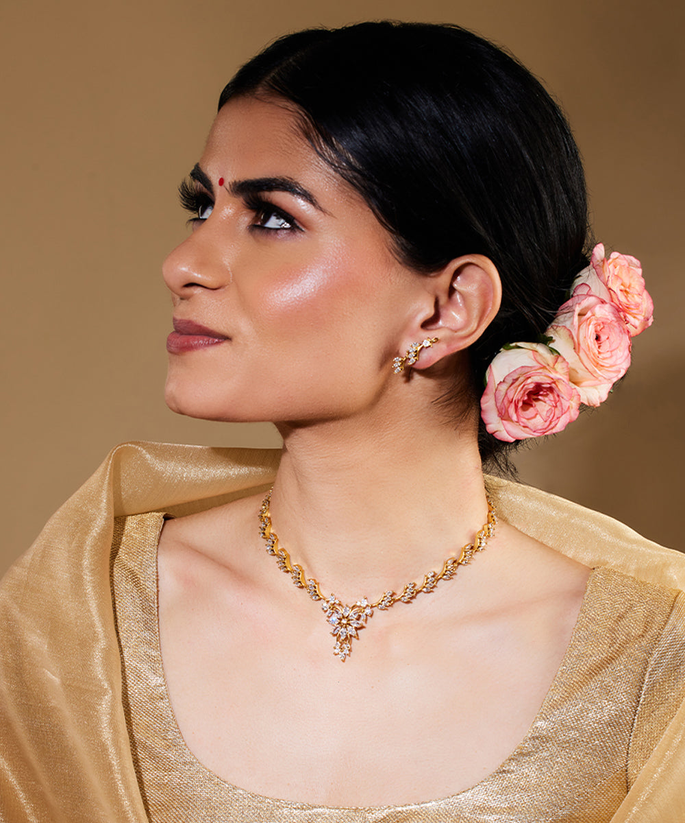 Alloy Stone Studded Gold Plated Necklace Set