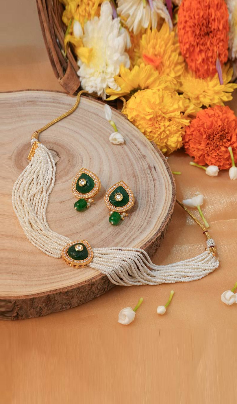 White Pearl Choker Set with Green Drop Pendant