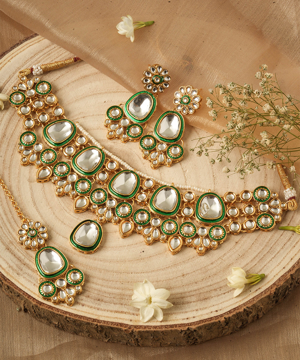Green Accented Gold Plated Alloy Kundan Necklace Set