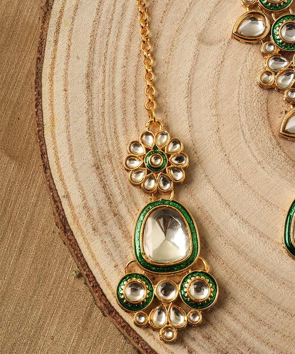 Green Accented Gold Plated Alloy Kundan Necklace Set