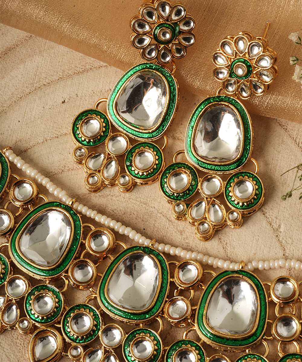 Green Accented Gold Plated Alloy Kundan Necklace Set