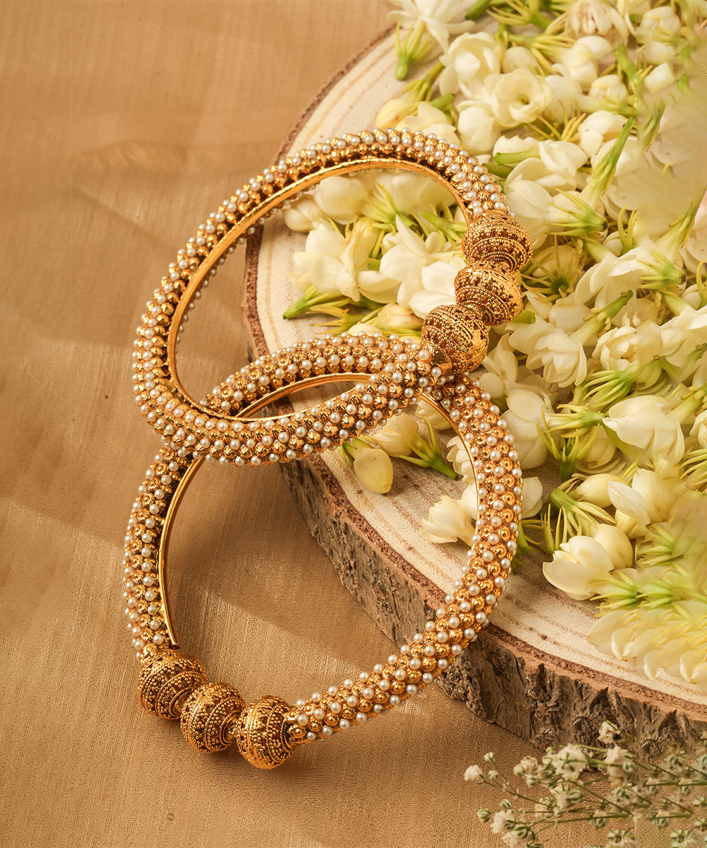 Set of 2 Gold Plated Bangles with Pearl Studded Design