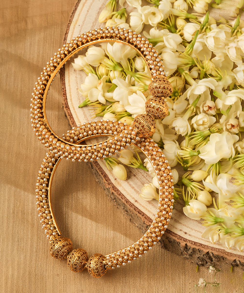 Set of 2 Gold Plated Bangles with Pearl Studded Design