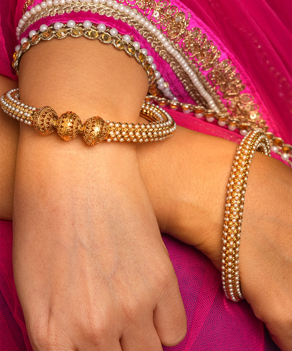 Set of 2 Gold Plated Bangles with Pearl Studded Design