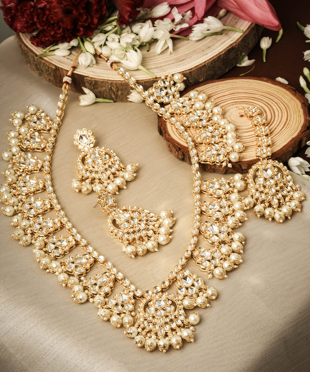 Kundan and Pearl Studded White Gold Necklace Set
