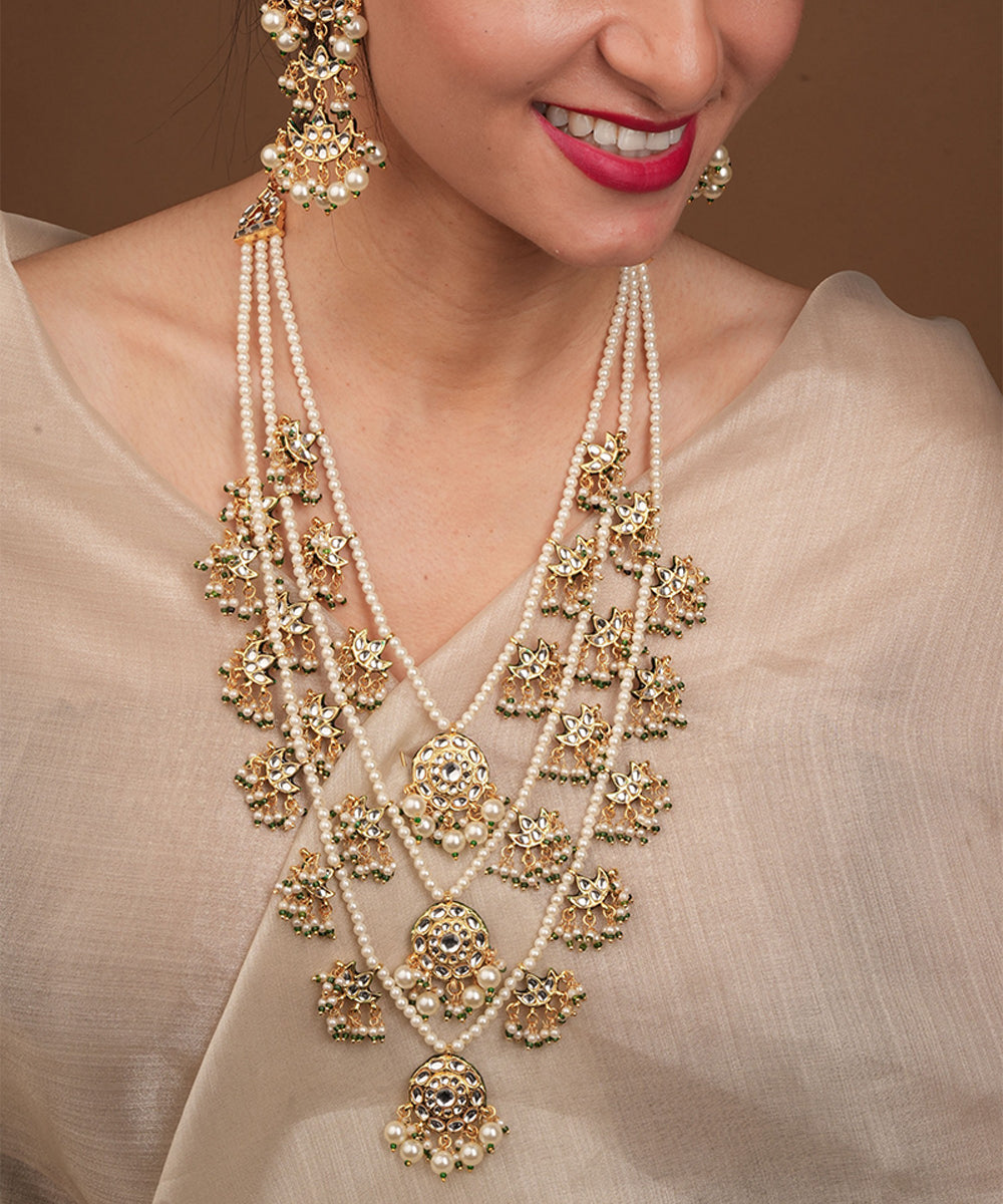 Yellow Gold Plated Pearl and Kundan Necklace Set