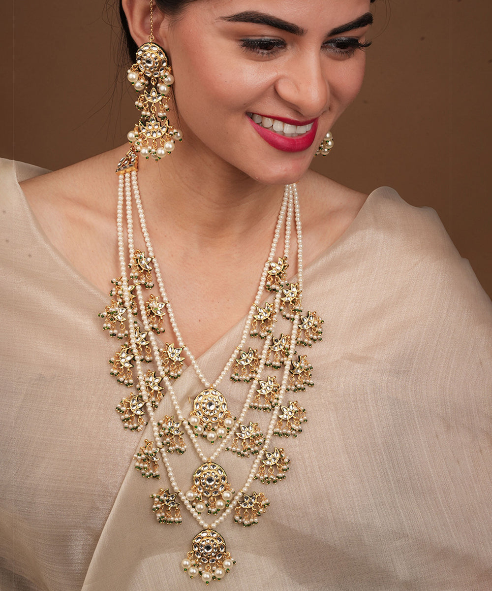 Yellow Gold Plated Pearl and Kundan Necklace Set