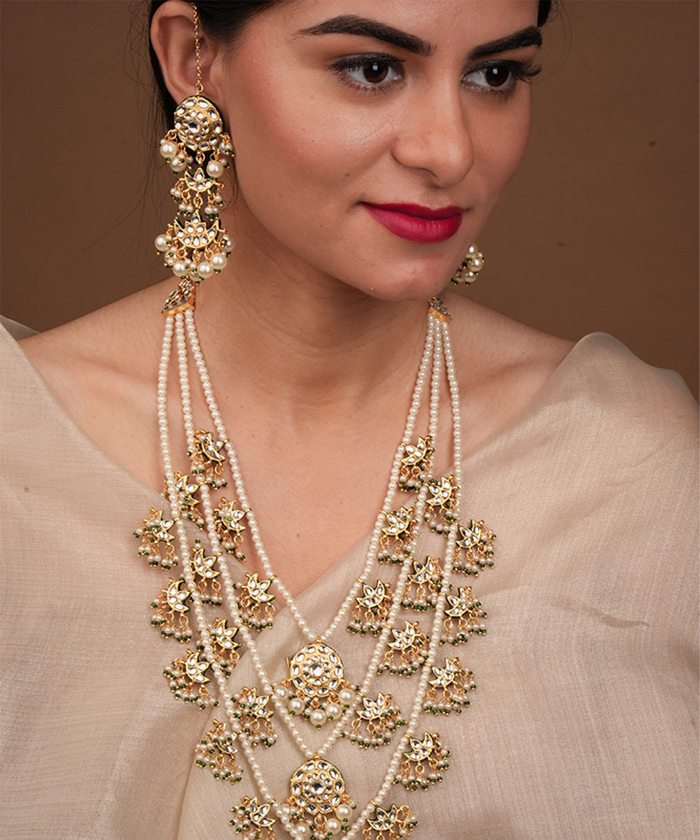 Yellow Gold Plated Pearl and Kundan Necklace Set