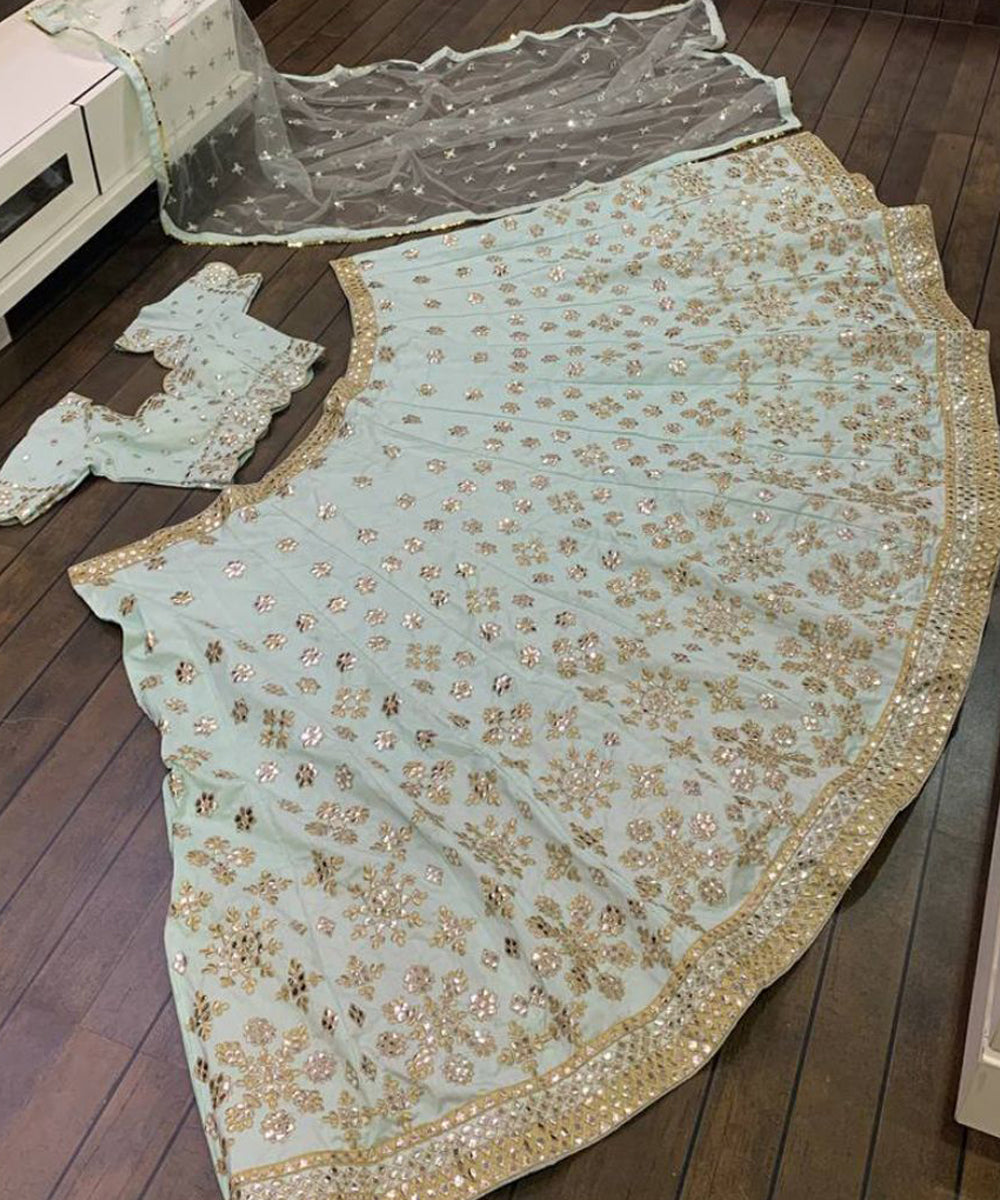 Light Blue Silk Mirror and Thread Embroidered Lehenga Choli Unstitched