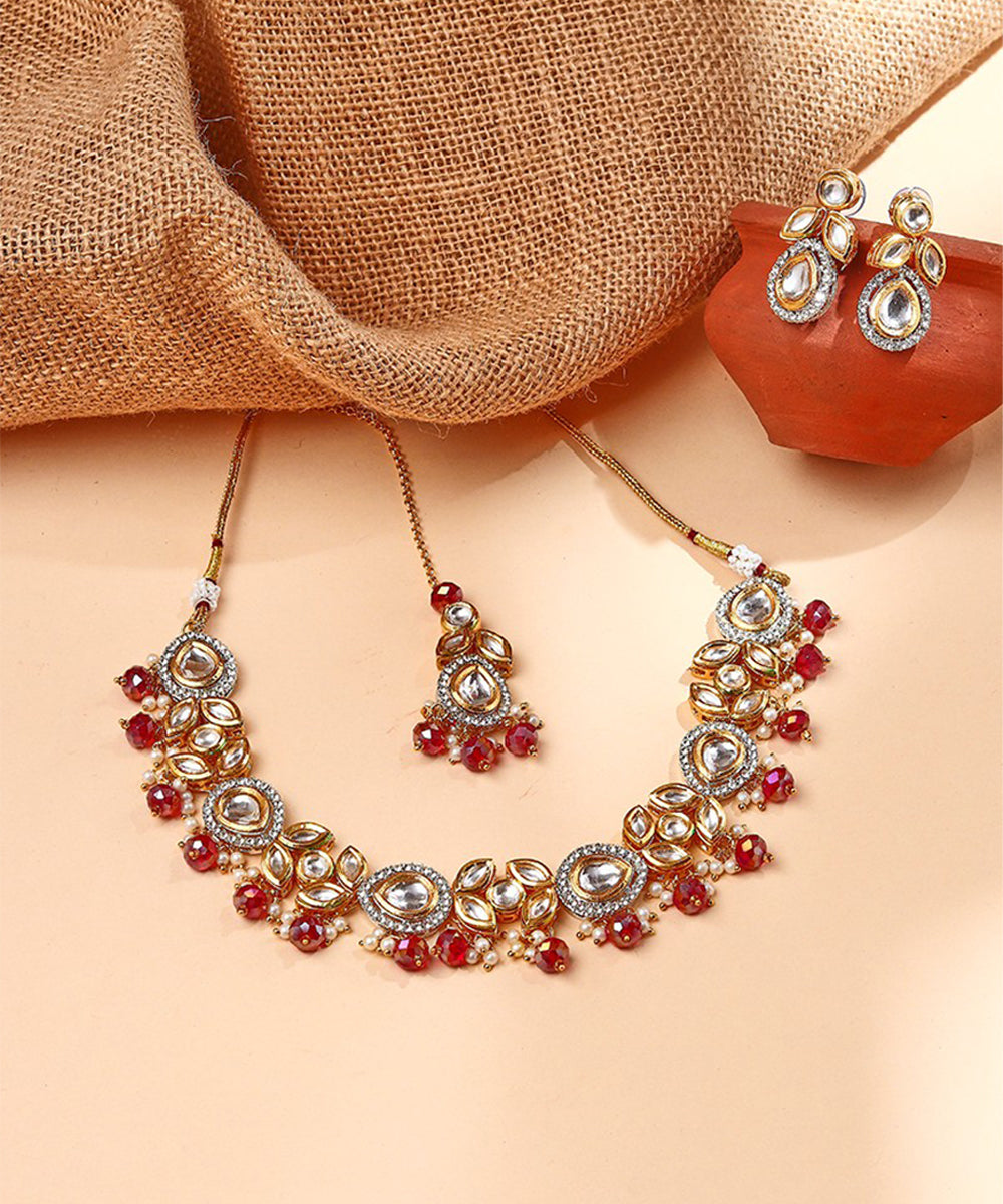 Multicoloured Kundan Necklace Set with Earrings and Maang Tikka