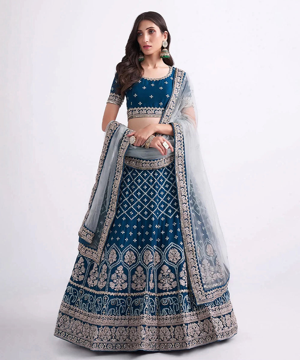 Lehenga Blue Net Embroidered Unstitched